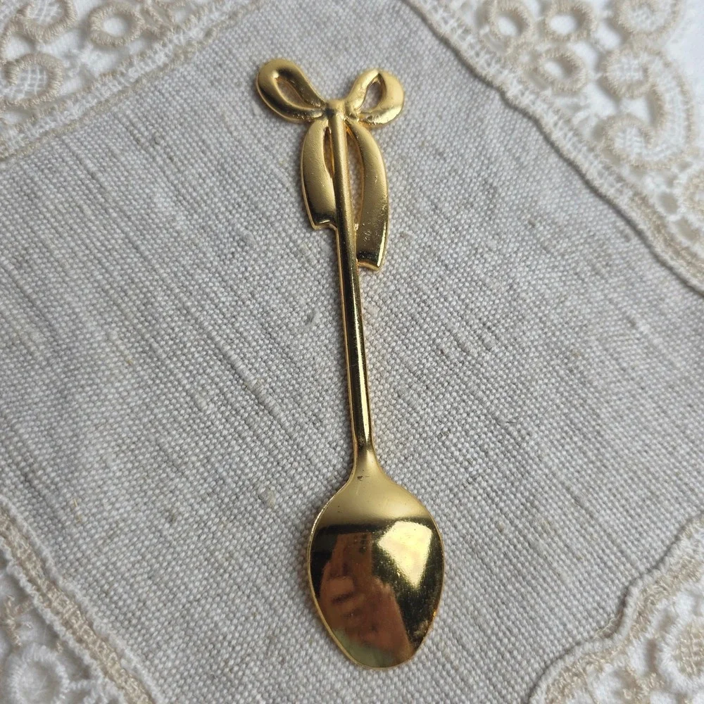 Gold Tone Swan Base 6 Bow Rhinestone Spoon Set Enamel Glam Coffee Spoons